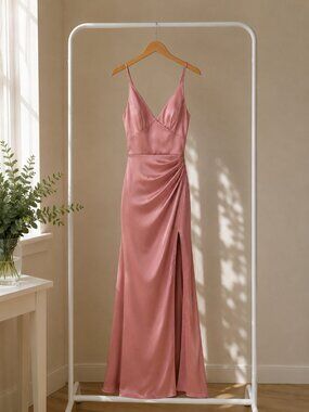Azazie Shania Stretch Rosette Sheath V-Neck Pleated Stretch Satin Dress